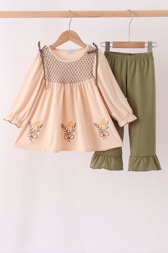 Khaki floral smocked ruffle pants set - ARIA KIDS