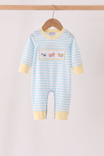 Blue airplane embroidery stripe romper