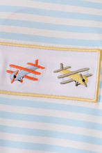 Blue airplane embroidery stripe romper