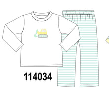 Green excavator french knot stripe pants set