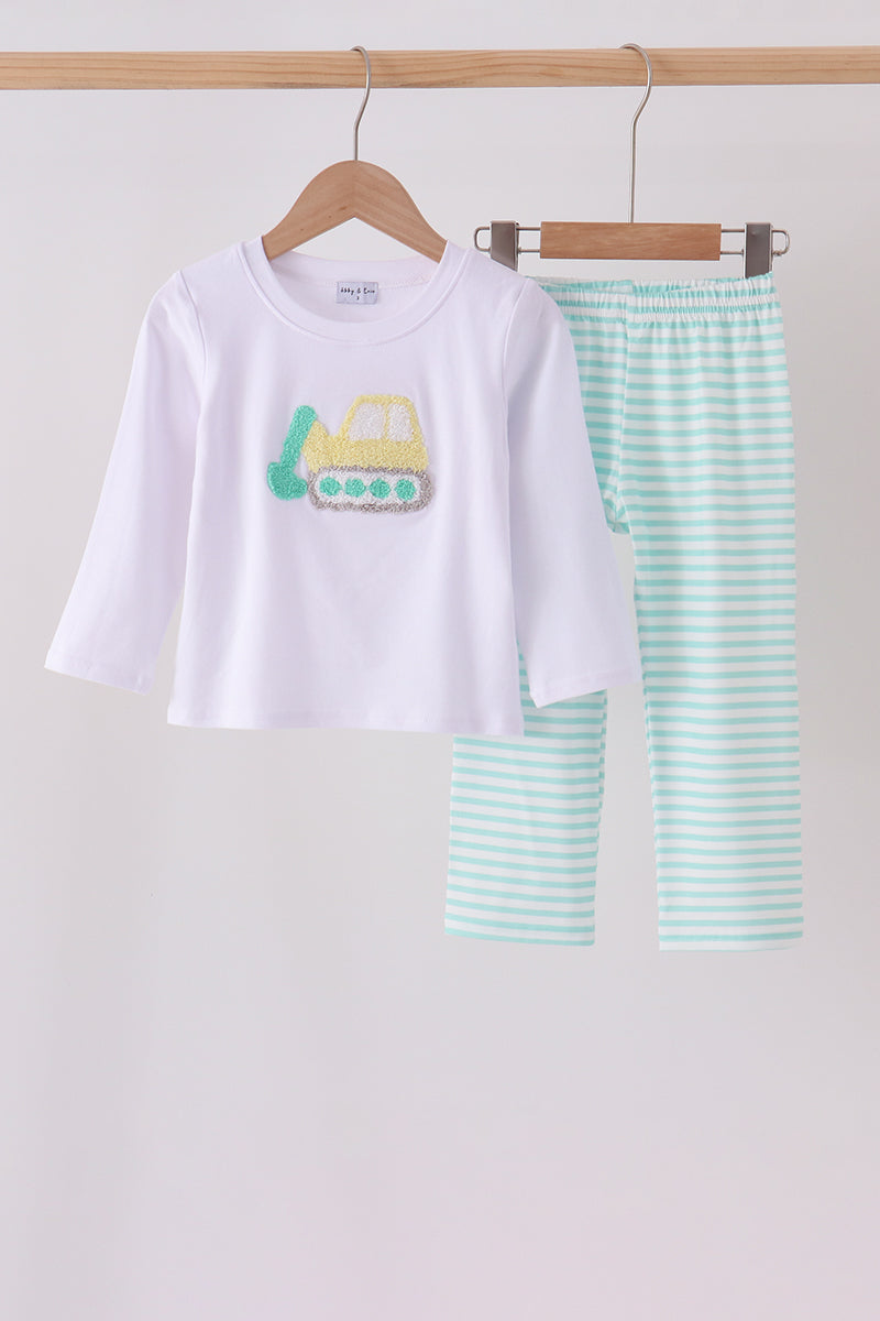 Green excavator french knot stripe pants set - ARIA KIDS