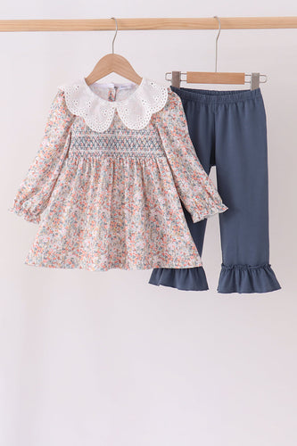 Floral smocked lace ruffle pants set - ARIA KIDS