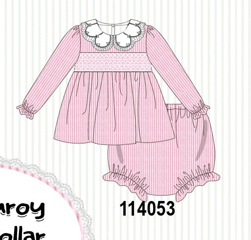 Pink corduroy lace smocked bloomer set