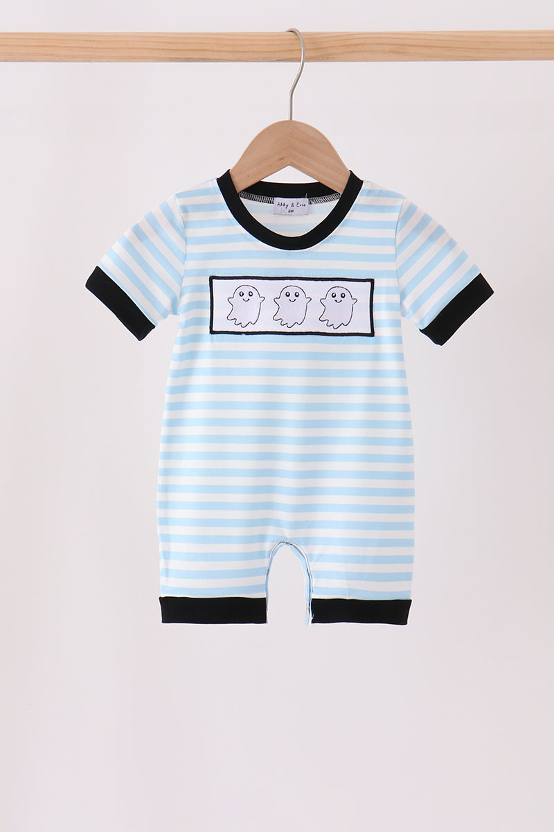 Blue Ghost Embroidery Stripe Romper - ARIA KIDS