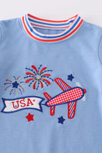 Blue patriotic airplane embroidery boy romper