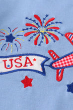 Blue patriotic airplane embroidery boy romper
