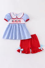Red flag patriotic embroidery plaid girl set - ARIA KIDS