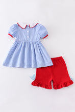 Red flag patriotic embroidery plaid girl set - ARIA KIDS