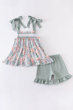 Green floral print lace girl set