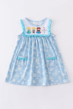 Blue princess embroidery ruffle pocket dress