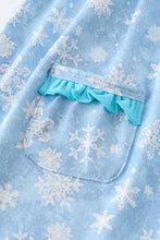 Blue princess embroidery ruffle pocket dress