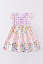 Pink floral print tiered plaid dress
