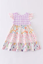 Pink floral print tiered plaid dress