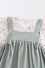 Green floral print strap dress set