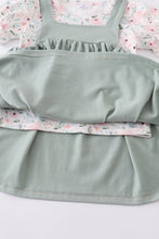 Green floral print strap dress set