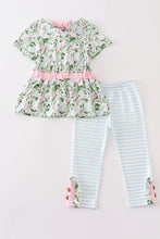 Green floral print stripe girl set