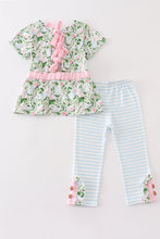 Green floral print stripe girl set