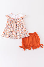 Orange floral print pumpkin embroidery smocked girl set - ARIA KIDS