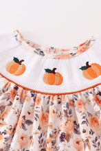 Orange floral print pumpkin embroidery smocked girl dress - ARIA KIDS
