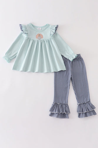 Turkey embroidery plaid ruffle girl set