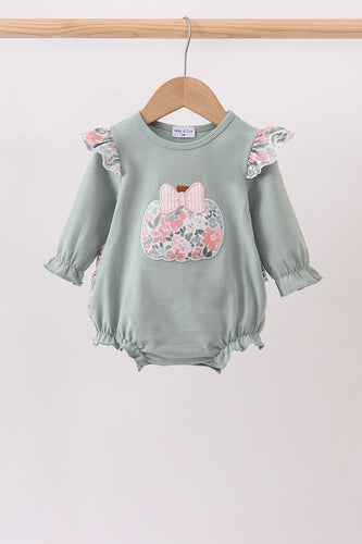 Sage Floral Pumpkin Applique Ruffle Bubble - ARIA KIDS