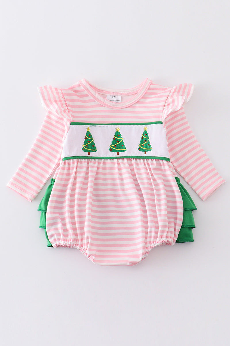 Pink christmas tree embroidery stripe ruffle bubble - ARIA KIDS