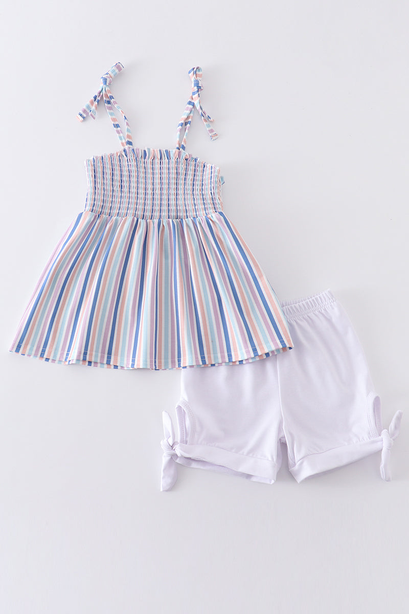 Blue stripe smocked strap girl set - ARIA KIDS