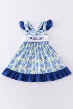Blue rose print I love mommy embroidery dress - ARIA KIDS