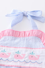 Blue stripe seersucker whale embroidery 2pc girl swimsuit - ARIA KIDS