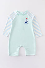 Mint sailboat embroidery boy one-piece rashguard swimsuit - ARIA KIDS