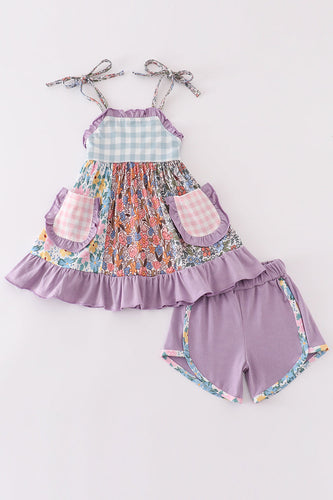 Purple floral print ruffle girl set - ARIA KIDS