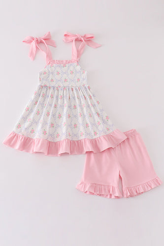 Pink bow floral print girl set - ARIA KIDS