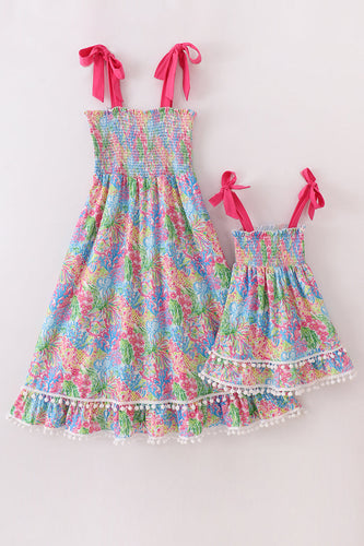 Pink tropical floral smocked mom&me dress - ARIA KIDS