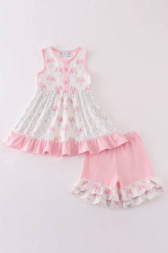 Pink floral bow tie print girl set - ARIA KIDS
