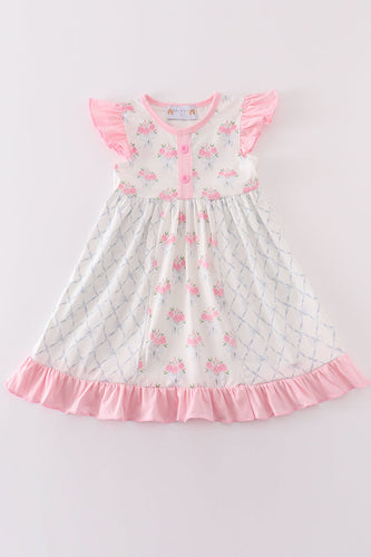 Pink floral bow tie print girl dress - ARIA KIDS