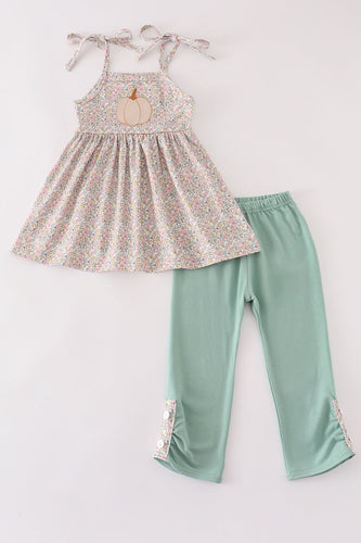 Pink floral print pumpkin embroidery girl set - ARIA KIDS