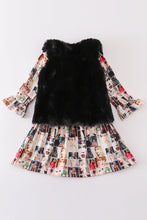 Fur vest music fan print dress set - ARIA KIDS