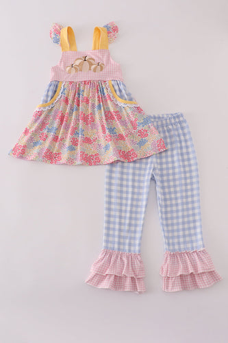 Pink floral pumpkin embroidery ruffle pants set - ARIA KIDS