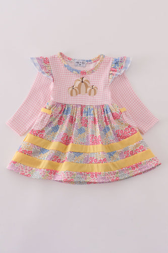 Pink floral pumpkin embroidery ruffle bubble - ARIA KIDS
