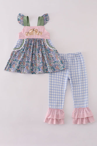 Blue floral pumpkin embroidery ruffle pants set - ARIA KIDS