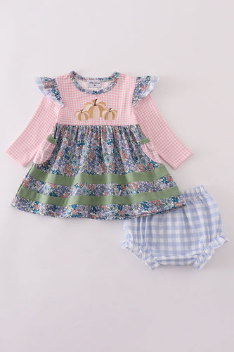Blue floral pumpkin embroidery ruffle bloomer set - ARIA KIDS