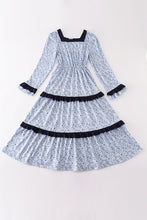Blue floral print tiered mom ruffle dress - ARIA KIDS