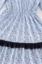 Blue floral print tiered mom ruffle dress - ARIA KIDS
