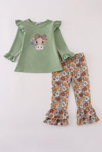 Green cow applique floral print ruffle pants set - ARIA KIDS