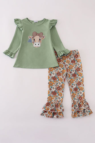 Green cow applique floral print ruffle pants set - ARIA KIDS