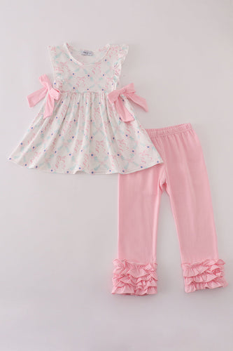 Pink floral bow print ruffle pants set - ARIA KIDS