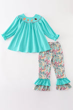 Teal floral print forest animal embroidery girl set - ARIA KIDS