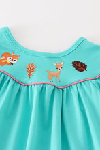 Teal floral print forest animal embroidery girl set - ARIA KIDS