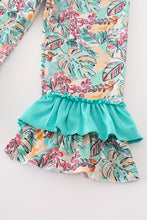 Teal floral print forest animal embroidery girl set - ARIA KIDS