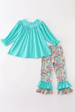 Teal floral print forest animal embroidery girl set - ARIA KIDS